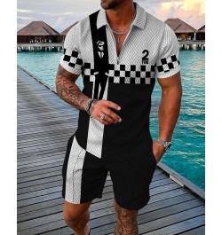 Men's Polo Suit Fashion Men Summer Tracksuit Oversized V-neck Zipper Short Sleeve POLO Shirt+Shorts Casual Two Pieces Sets $4...