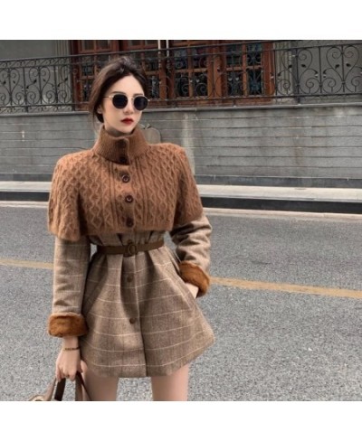 Woolen Overcoat Women Vintage Autumn Winter Full Plaid Thickened Keep Warm O-Neck Single Breasted Sweater 2 Pic Set Mori Girl...