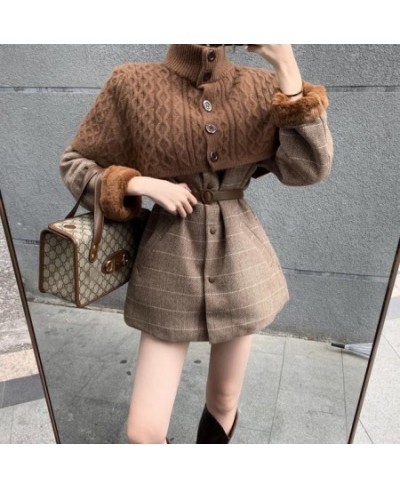 Woolen Overcoat Women Vintage Autumn Winter Full Plaid Thickened Keep Warm O-Neck Single Breasted Sweater 2 Pic Set Mori Girl...