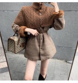 Woolen Overcoat Women Vintage Autumn Winter Full Plaid Thickened Keep Warm O-Neck Single Breasted Sweater 2 Pic Set Mori Girl...