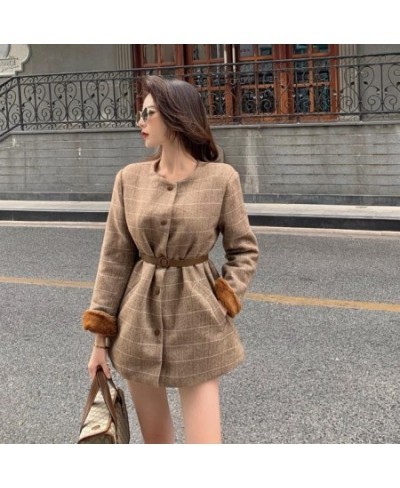 Woolen Overcoat Women Vintage Autumn Winter Full Plaid Thickened Keep Warm O-Neck Single Breasted Sweater 2 Pic Set Mori Girl...