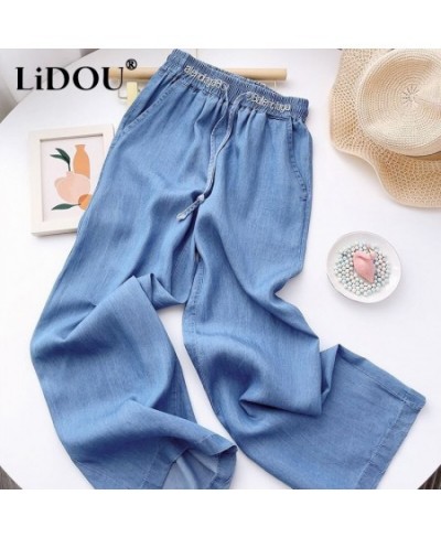 Summer Fashion Thin Style Elastic Waist Drawstring Cowboy Wide Leg Trousers 2023 New Solid Color Elegant Soft Straight Trouse...