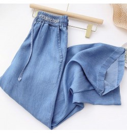 Summer Fashion Thin Style Elastic Waist Drawstring Cowboy Wide Leg Trousers 2023 New Solid Color Elegant Soft Straight Trouse...