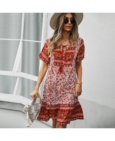 Bohemia Floral Print Ruffles Summer Dress Women Causal V-neck Tassel Lace Up Mini Dress Female Vintage Beach Holiday Party $3...