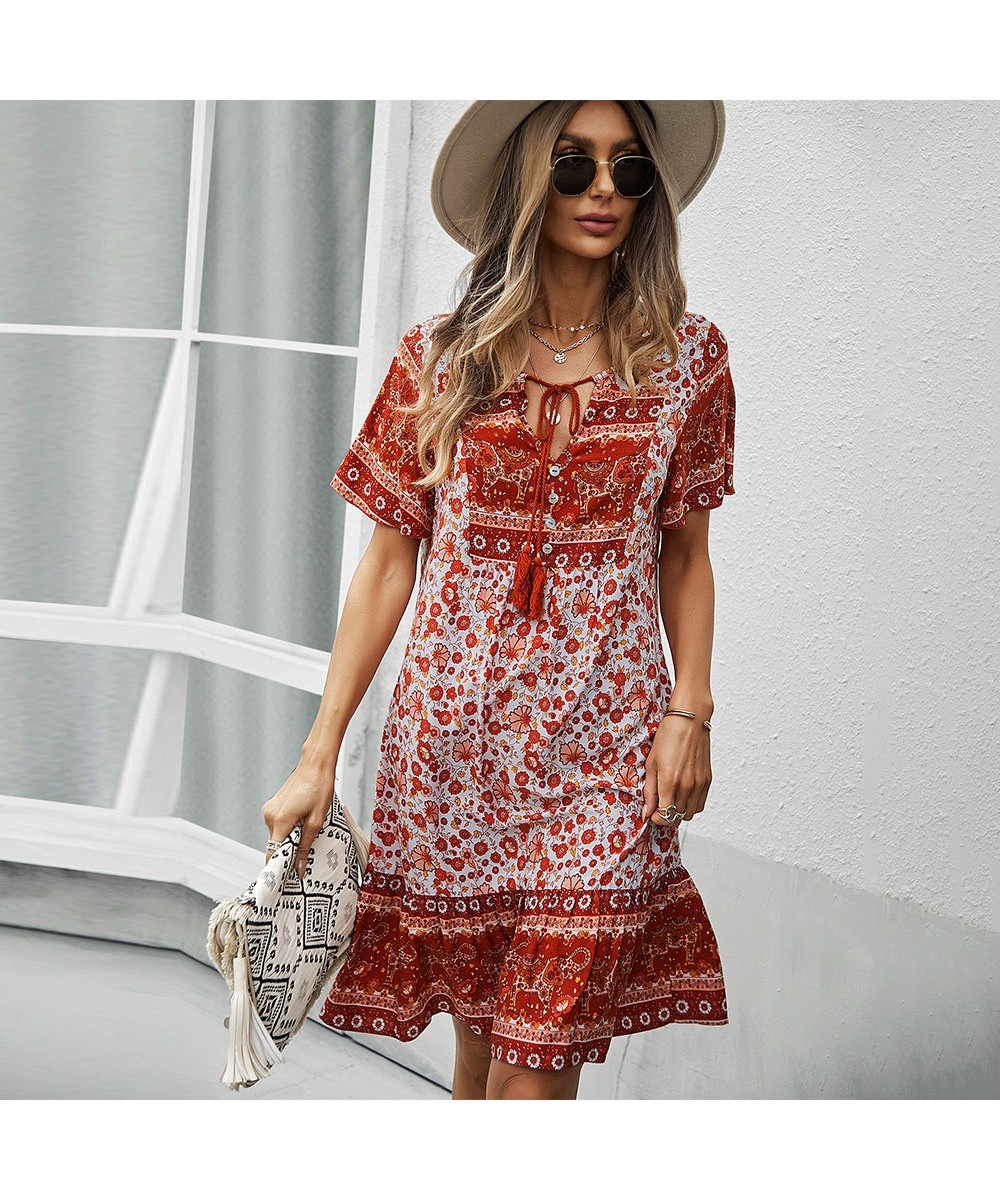 Bohemia Floral Print Ruffles Summer Dress Women Causal V-neck Tassel Lace Up Mini Dress Female Vintage Beach Holiday Party $3...