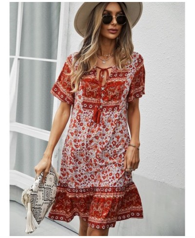 Bohemia Floral Print Ruffles Summer Dress Women Causal V-neck Tassel Lace Up Mini Dress Female Vintage Beach Holiday Party $3...