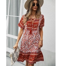 Bohemia Floral Print Ruffles Summer Dress Women Causal V-neck Tassel Lace Up Mini Dress Female Vintage Beach Holiday Party $3...