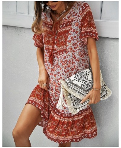 Bohemia Floral Print Ruffles Summer Dress Women Causal V-neck Tassel Lace Up Mini Dress Female Vintage Beach Holiday Party $3...