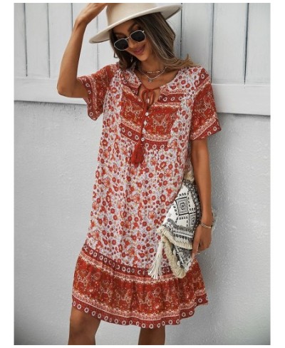 Bohemia Floral Print Ruffles Summer Dress Women Causal V-neck Tassel Lace Up Mini Dress Female Vintage Beach Holiday Party $3...