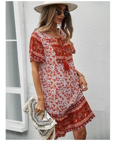 Bohemia Floral Print Ruffles Summer Dress Women Causal V-neck Tassel Lace Up Mini Dress Female Vintage Beach Holiday Party $3...