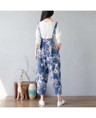 Women Leaves Print Holes Ripped Vintage Denim Jumpsuits ladies Loose Retro Cute Overalls pants Female Bleached Rompers 2023 $...