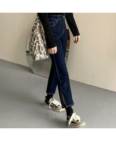 Jeans Women High Waist Dark Blue Side-slit Ankle-Length Retro Chic Korean Style Slim Fall 2023 Soft Regular Simple Denim $34....