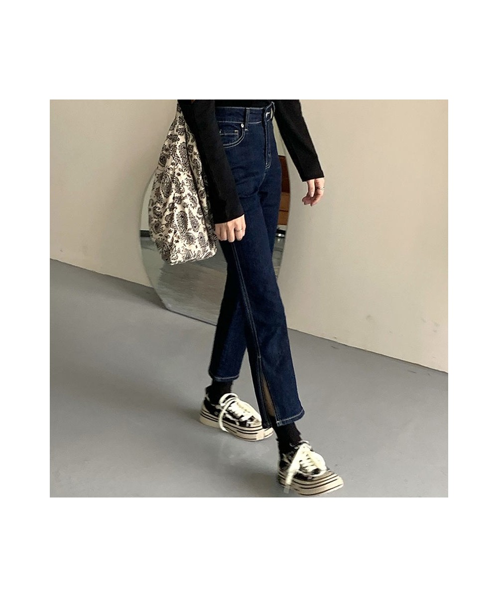 Jeans Women High Waist Dark Blue Side-slit Ankle-Length Retro Chic Korean Style Slim Fall 2023 Soft Regular Simple Denim $34....