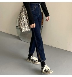 Jeans Women High Waist Dark Blue Side-slit Ankle-Length Retro Chic Korean Style Slim Fall 2023 Soft Regular Simple Denim $34....