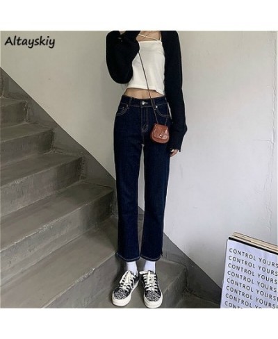 Jeans Women High Waist Dark Blue Side-slit Ankle-Length Retro Chic Korean Style Slim Fall 2023 Soft Regular Simple Denim $34....