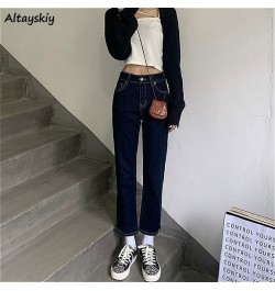 Jeans Women High Waist Dark Blue Side-slit Ankle-Length Retro Chic Korean Style Slim Fall 2023 Soft Regular Simple Denim $34....