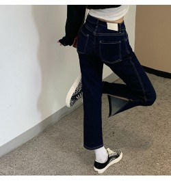 Jeans Women High Waist Dark Blue Side-slit Ankle-Length Retro Chic Korean Style Slim Fall 2023 Soft Regular Simple Denim $34....