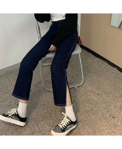 Jeans Women High Waist Dark Blue Side-slit Ankle-Length Retro Chic Korean Style Slim Fall 2023 Soft Regular Simple Denim $34....