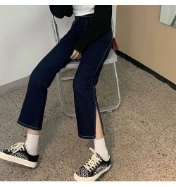 Jeans Women High Waist Dark Blue Side-slit Ankle-Length Retro Chic Korean Style Slim Fall 2023 Soft Regular Simple Denim $34....