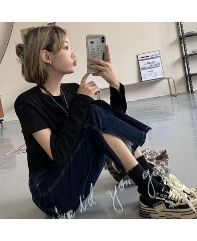 Jeans Women High Waist Dark Blue Side-slit Ankle-Length Retro Chic Korean Style Slim Fall 2023 Soft Regular Simple Denim $34....