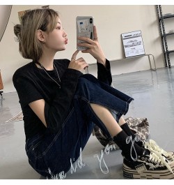 Jeans Women High Waist Dark Blue Side-slit Ankle-Length Retro Chic Korean Style Slim Fall 2023 Soft Regular Simple Denim $34....