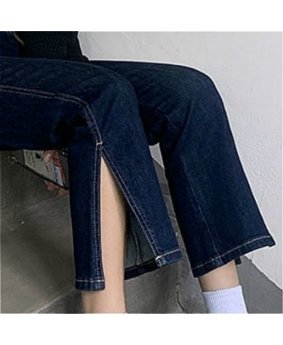 Jeans Women High Waist Dark Blue Side-slit Ankle-Length Retro Chic Korean Style Slim Fall 2023 Soft Regular Simple Denim $34....