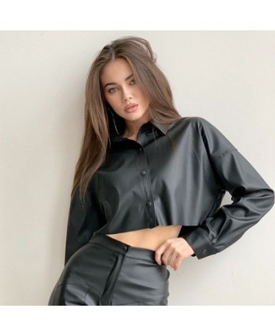 2022 Autumn New PU Leather Clothing Women's Street Hot Girl Navel Exposed Long-sleeved Top Short Motorcycle Wind Shirt $37.78...
