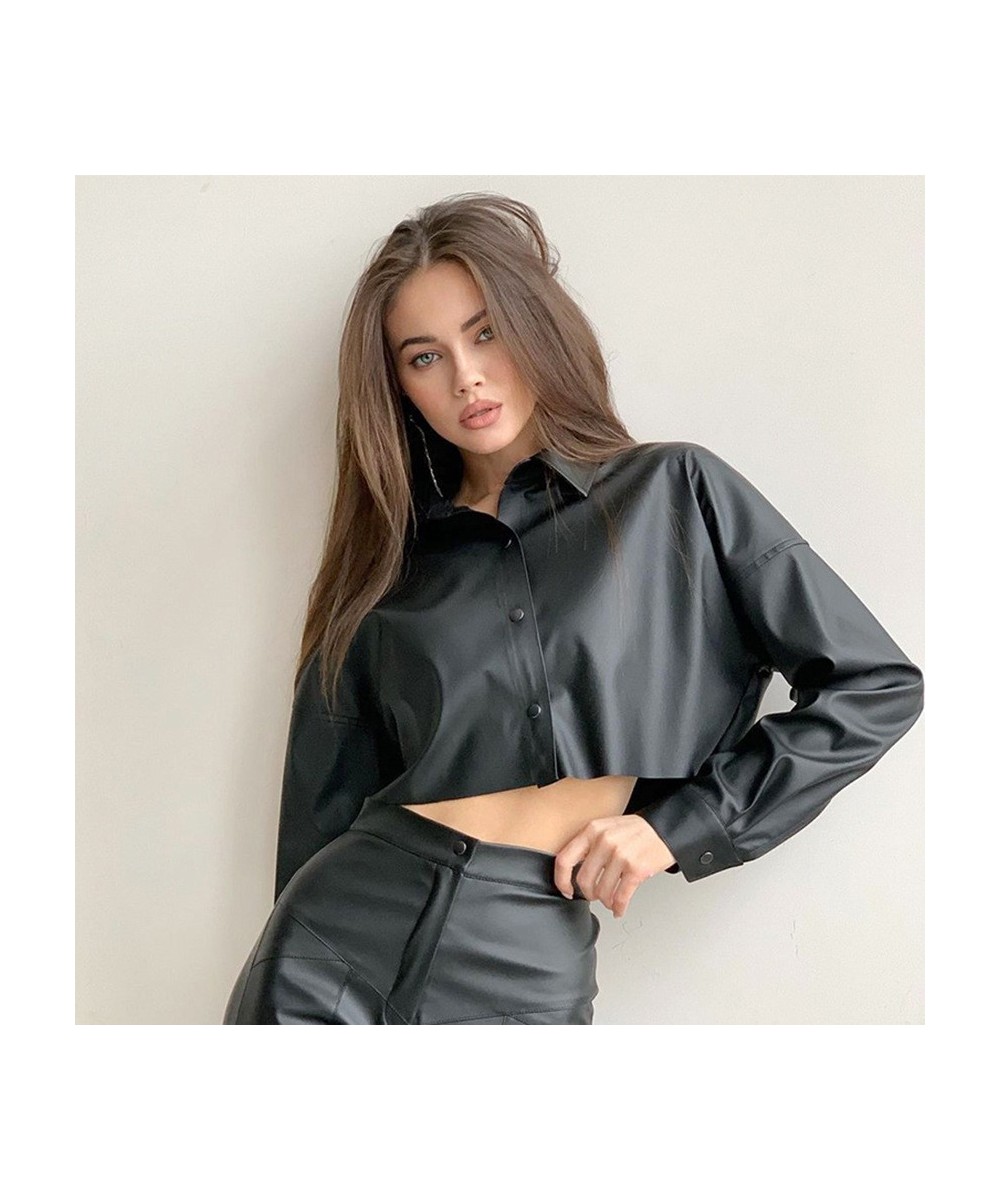 2022 Autumn New PU Leather Clothing Women's Street Hot Girl Navel Exposed Long-sleeved Top Short Motorcycle Wind Shirt $37.78...