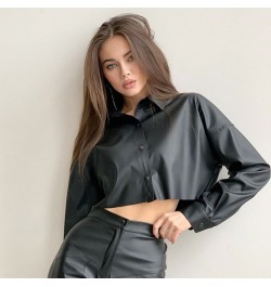 2022 Autumn New PU Leather Clothing Women's Street Hot Girl Navel Exposed Long-sleeved Top Short Motorcycle Wind Shirt $37.78...