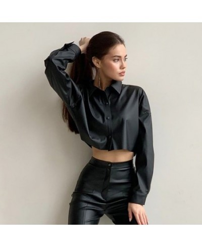 2022 Autumn New PU Leather Clothing Women's Street Hot Girl Navel Exposed Long-sleeved Top Short Motorcycle Wind Shirt $37.78...