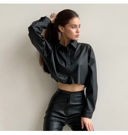 2022 Autumn New PU Leather Clothing Women's Street Hot Girl Navel Exposed Long-sleeved Top Short Motorcycle Wind Shirt $37.78...