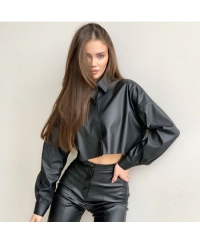 2022 Autumn New PU Leather Clothing Women's Street Hot Girl Navel Exposed Long-sleeved Top Short Motorcycle Wind Shirt $37.78...