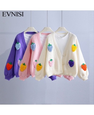 Korean Fashion Pink Strawberry Sweaters for Women Winter Long Sleeve Knitted Woman Cardigan Single Breasted Short Coat $52.87...