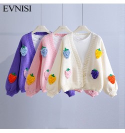 Korean Fashion Pink Strawberry Sweaters for Women Winter Long Sleeve Knitted Woman Cardigan Single Breasted Short Coat $52.87...