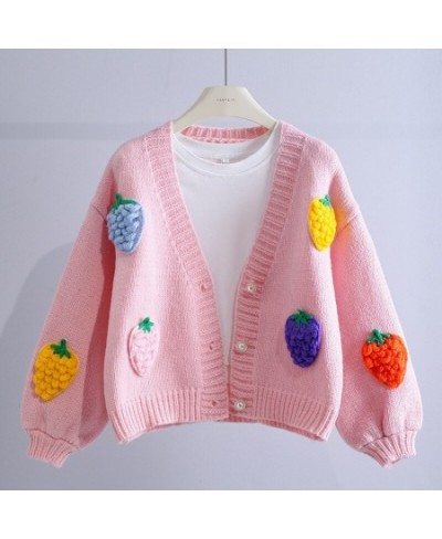 Korean Fashion Pink Strawberry Sweaters for Women Winter Long Sleeve Knitted Woman Cardigan Single Breasted Short Coat $52.87...