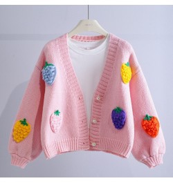 Korean Fashion Pink Strawberry Sweaters for Women Winter Long Sleeve Knitted Woman Cardigan Single Breasted Short Coat $52.87...