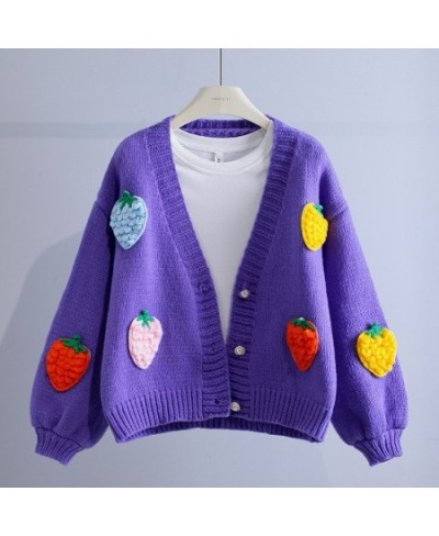 Korean Fashion Pink Strawberry Sweaters for Women Winter Long Sleeve Knitted Woman Cardigan Single Breasted Short Coat $52.87...