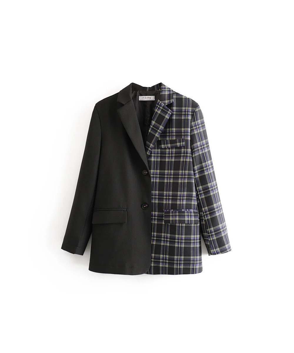 Office Lady Black Patchwork Plaid Blazer 2023 Women Single Breasted Casual Commute Blazer Suit with Pocket Fashion Work $93.5...