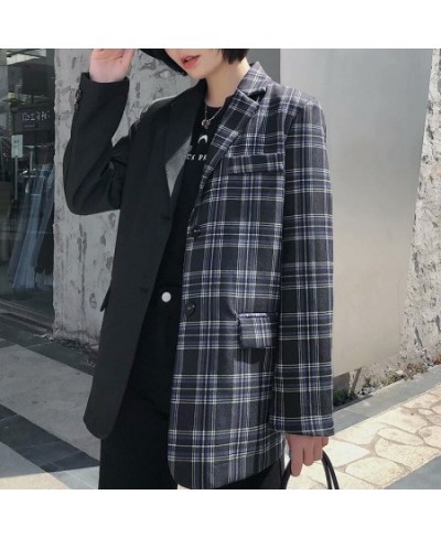 Office Lady Black Patchwork Plaid Blazer 2023 Women Single Breasted Casual Commute Blazer Suit with Pocket Fashion Work $93.5...