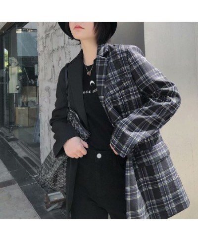 Office Lady Black Patchwork Plaid Blazer 2023 Women Single Breasted Casual Commute Blazer Suit with Pocket Fashion Work $93.5...