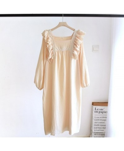 Women Cotton Crepe Nightdress Lotus Leaf Sleeves Square Neck Solid Color Sweet Lovely Princess Solid Color Female Long Dress ...