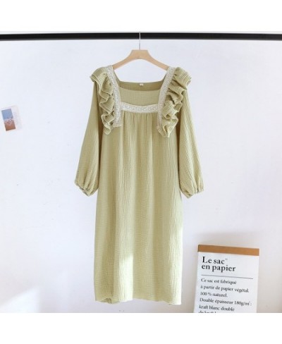 Women Cotton Crepe Nightdress Lotus Leaf Sleeves Square Neck Solid Color Sweet Lovely Princess Solid Color Female Long Dress ...