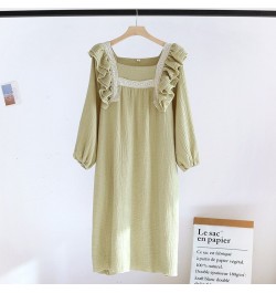 Women Cotton Crepe Nightdress Lotus Leaf Sleeves Square Neck Solid Color Sweet Lovely Princess Solid Color Female Long Dress ...