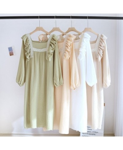 Women Cotton Crepe Nightdress Lotus Leaf Sleeves Square Neck Solid Color Sweet Lovely Princess Solid Color Female Long Dress ...