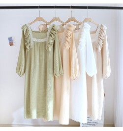 Women Cotton Crepe Nightdress Lotus Leaf Sleeves Square Neck Solid Color Sweet Lovely Princess Solid Color Female Long Dress ...