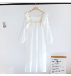 Women Cotton Crepe Nightdress Lotus Leaf Sleeves Square Neck Solid Color Sweet Lovely Princess Solid Color Female Long Dress ...