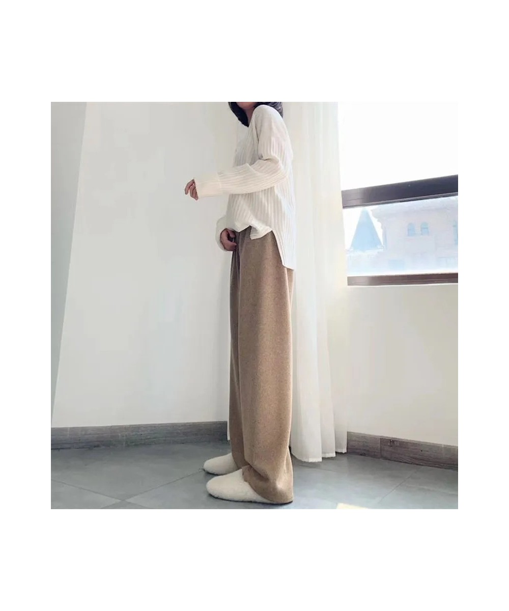 Solid Color Knitted Wide Leg Pant Women Korean High Waist Drawstring Straight Trousers Women Elegant All-match Long Pants Wom...