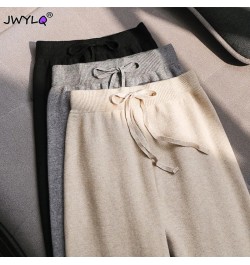 Solid Color Knitted Wide Leg Pant Women Korean High Waist Drawstring Straight Trousers Women Elegant All-match Long Pants Wom...