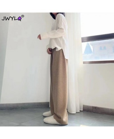 Solid Color Knitted Wide Leg Pant Women Korean High Waist Drawstring Straight Trousers Women Elegant All-match Long Pants Wom...