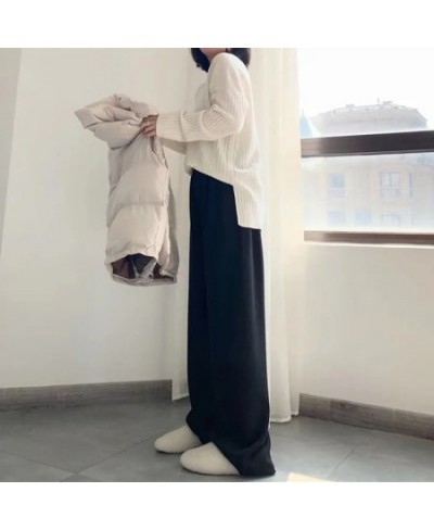 Solid Color Knitted Wide Leg Pant Women Korean High Waist Drawstring Straight Trousers Women Elegant All-match Long Pants Wom...